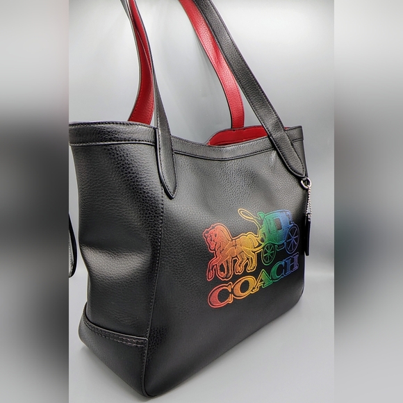 NWT Coach Tote 27 with an ombre rainbow signature Horse and Carriage. black/red - Picture 3 of 11